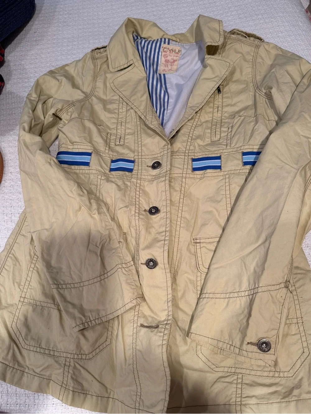 Free People Beige Utility Jacket with Blue Stripe Accents